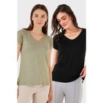 Lela V Yaka Relaxed Fit Yırtmaç Detaylı 2'li Paket Bayan Bluz 5862000S2 SİYAH-Olive