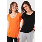 Lela V Yaka Relaxed Fit Yırtmaç Detaylı 2'li Paket Bayan Bluz 5862000S2 SİYAH-ORANJ