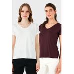 Lela V Yaka Relaxed Fit Yırtmaç Detaylı 2'li Paket Bluz Bayan Bluz 5862000S2 - Ekru - Bordo