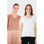 Lela V Yaka Relaxed Fit Yırtmaç Detaylı 2'li Paket Bluz Bayan Bluz 5862000S2 - Ekru - Camel - XL