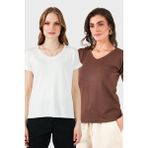 Lela V Yaka Relaxed Fit Yırtmaç Detaylı 2'li Paket Bluz Bayan Bluz 5862000S2 - Ekru - Kahve
