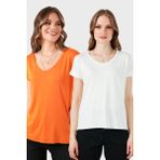 Lela V Yaka Relaxed Fit Yırtmaç Detaylı 2'li Paket Bluz Bayan Bluz 5862000S2 - Ekru - Oranj - XL