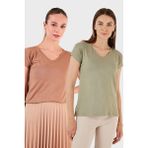 Lela V Yaka Relaxed Fit Yırtmaç Detaylı 2'li Paket Bluz Bayan Bluz 5862000S2 - Olive Brown