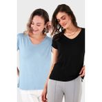 Lela V Yaka Relaxed Fit Yırtmaç Detaylı 2'li Paket Bluz Bayan Bluz 5862000S2 - Siyah - Bebe Mavisi