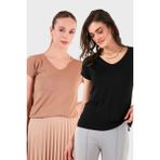 Lela V Yaka Relaxed Fit Yırtmaç Detaylı 2'li Paket Bluz Bayan Bluz 5862000S2 - Siyah - Bisküvi - XL