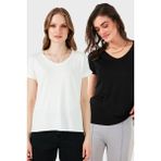Lela V Yaka Relaxed Fit Yırtmaç Detaylı 2'li Paket Bluz Bayan Bluz 5862000S2 - Siyah - Ekru
