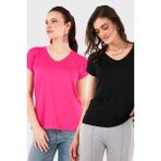 Lela V Yaka Relaxed Fit Yırtmaç Detaylı 2'li Paket Bluz Bayan Bluz 5862000S2 - Siyah - Fuşya