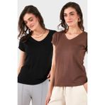 Lela V Yaka Relaxed Fit Yırtmaç Detaylı 2'li Paket Bluz Bayan Bluz 5862000S2 - Siyah - Kahverengi - XL