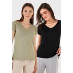Lela V Yaka Relaxed Fit Yırtmaç Detaylı 2'li Paket Bluz Bayan Bluz 5862000S2 - Siyah - Olive