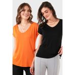 Lela V Yaka Relaxed Fit Yırtmaç Detaylı 2'li Paket Bluz Bayan Bluz 5862000S2 - Siyah - Oranj - XL