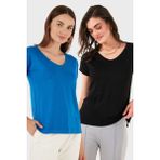 Lela V Yaka Relaxed Fit Yırtmaç Detaylı 2'li Paket Bluz Bayan Bluz 5862000S2 - Siyah - Saks