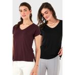 Lela V Yaka Relaxed Fit Yırtmaç Detaylı 2'li Paket Bluz Bayan Bluz 5862000S2 - Siyah - Vişne