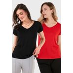 Lela V Yaka Relaxed Fit Yırtmaç Detaylı 2'li Paket Bluz Bayan Bluz 5862000S2 - Siyah