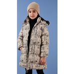 Lela Yakası Suni Kürklü Yazı Baskılı Çıkarılabilir Kapüşonlu Peluş Astarlı Kışlık Kız Çocuk Mont 5761984 BEJ