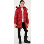 Lela Yakası Suni Kürklü Yazı Baskılı Çıkarılabilir Kapüşonlu Peluş Astarlı Kışlık Kız Çocuk Mont 5761984 KIRMIZI