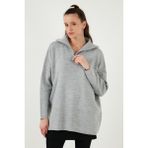 Lela Yarım Fermuarlı Oversize Triko Kazak Bayan Kazak 4616079Y - Standart - Açık Gri