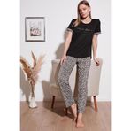 Lela Yumuşak Dokulu Bisiklet Yaka Bayan Pijama Takımı 6097605 SİYAH-LEOPAR