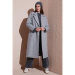 Lela Yün Karışımlı Oversize Kruvaze Yaka Yırtmaçlı Uzun Kaşe Bayan Kaban 6810235 GRİ