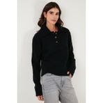Lela Yün Karışımlı Regular Fit Düğmeli Polo Yaka Kazak Bayan Polo Yaka Kazak 4617019 - Siyah - Standart