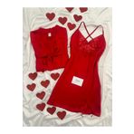 Lena Homewears Saten İkili Kırmızı Gecelik Sabahlık Seti