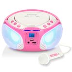 Lenco Kinder CD-Player SCD-650 mit Mikrofon, Karaoke-Funktion und Lichteffekten (CD / MP3, USB, AUX, LCD-Display, UKW Radio), rosa/weiß