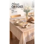 LENDASHOP 140x220 cm Ekru Masa Örtüsü Dantel Kenarlı Leke Tutmaz Silinebilir Şık Yemek Masası Örtüsü
