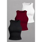 Lenezza Kadın 3.lü Paket Kaşkorse Kumaş Siyah Beyaz Bordo Geniş Askılı Basıc Crop Top Bluz