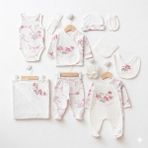 Lenna Baby %100 Pamuk 10’lu Yenidoğan Kız Bebek Hastane Çıkışı Seti Çiçek Desenli Mevlüt Takımı Ekru - 0 - 3 Ay