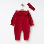 Lenna Baby Kız Bebek Papatya Yaka Dantelli Tulum ve Fiyonklu Bandana Çiçek Işlemeli Bebe Yakalı %100 Pamuk - 0 - 3 Ay - Kırmızı