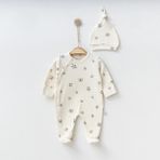 Lenna Baby Pamuk Baskılı Unisex Patikli Kendinden Eldivenli %100 Pamuk Uyku & Günlük Tulum - 3 - 6 Ay - Ekru