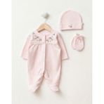 Lenna Baby Yenidoğan Kız Bebek Hastane Çıkışı 3'lü Set Çiçek Nakışlı Pamuklu Tulum Takımı - 0 - 3 Ay - Pembe