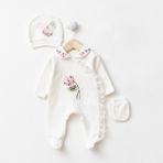 Lenna Baby Yenidoğan Kız Bebek Hastane Çıkışı 3'lü Set Çiçek Nakışlı Pamuklu Tulum Takımı - 3 - 6 Ay - Ekru