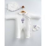 Lenna Baby Yenidoğan Kız Bebek Hastane Çıkışı 3'lü Set Lavanta Nakışlı Pamuklu Tulum Takımı - 3 - 6 Ay - Ekru