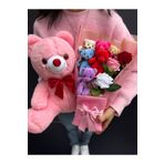 lenostra 35cm Pembe Ayıcık ve Güllü Renkli Ayıcıklı Peluş Buket Anneye Hediye Sevgiliye Hediye Kız Kardeşe