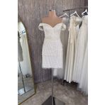 Lenta Moda Beyaz Düşük Omuz Püskül Boncuk Kaplama Mini Abiye Ve Nikah Elbisesi