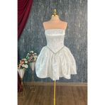 Lenta Moda Beyaz Düz Yaka Taş Detaylı Brokar Mini Abiye ve Nikah Elbisesi