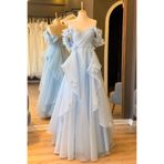 Lenta Moda Buz Mavi Drapeli ve Üç Boyutlu Çiçek Detaylı Karolin Abiye & Nişan Elbisesi