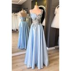 Lenta Moda Buz Mavi Parlak Saten Drape ve Dantel Detaylı Maxi Abiye ve Gece Elbisesi