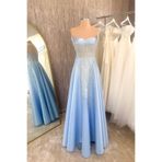 Lenta Moda Buz Mavi Straplez Yaka Dantel Kaplama Maxi Boy Saten Abiye Ve Nişan Elbisesi