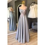 Lenta Moda Gri Parlak Saten Drape ve Dantel Detaylı Maxi Abiye ve Gece Elbisesi