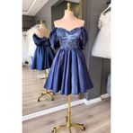 Lenta Moda Lacivert Brokar Büstiyer Detaylı Mini Saten Abiye ve Gece Elbisesi