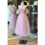 Lenta Moda LM301123SM01 Simli Drapeli Midi Boy Kemer Detaylı Transparan Pudra Abiye Elbise