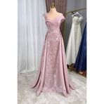 Lenta Moda Pudra Çiçekli Dantel Kaplama Lizbon Saten Abiye Ve Gece Elbisesi