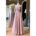 Lenta Moda Pudra Parlak Saten Drape ve Dantel Detaylı Maxi Abiye ve Gece Elbisesi