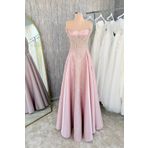Lenta Moda Pudra Straplez Yaka Dantel Kaplama Maxi Boy Saten Abiye Ve Kına Elbisesi