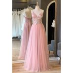 Lenta Moda Pudra Üç Boyutlu Dantel Detaylı Askılı Tül Abiye/Gece Elbisesi