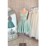 Lenta Moda Su Yeşili Dantel Kaplama Parlak Saten Mini Abiye ve Gece Elbisesi