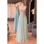 Lenta Moda Su Yeşili Yaprak Desen Dantel Detaylı Şal Hediyeli Şifon Abiye Ve Gece Elbisesi
