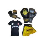 Leon Blade Sarı Boks Eldiveni Muay Thai Şortu Tişört ve Bandaj Seti