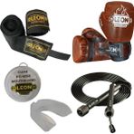 Leon Blade Training Boks, Kick Boks ve Muay Thai Eldiveni Atlama Ipi Dişlik ve Bandaj Seti 3,5 Metre - Kahverengi - 8 oz